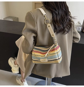 Detail showing rainbow woven texture, golden chain strap, and leather label on the bag