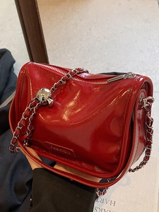 Glossy red patent leather chain bag with silver ball buckle and fashion lettering
