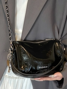 Glossy black crossbody square bag with chain strap and silver fashion label accent