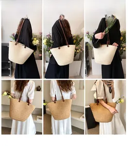 Detailed model views of woven straw tote bags in beige and khaki with leather straps