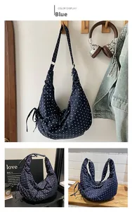 Detail view of blue polka dot canvas hobo bag with drawstring and pleated fabric design