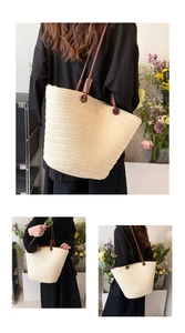 Macro view of French straw tote bag with brown leather straps and detailed weave texture