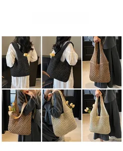 Collage of handmade woven straw tote bags in various colors for summer vacations