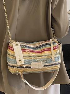 Colorful bohemian straw crossbody bag with chain strap and woven stripe pattern