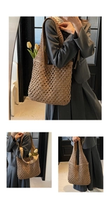 Detail of hand-woven brown straw tote bag featuring hollow mesh texture and large capacity