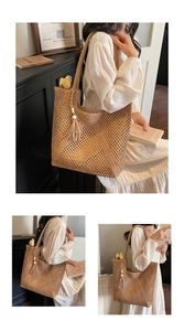 Detail of hollow woven straw tote bag with long tassel and white bead accessories