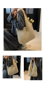 Detailed close-up of ivory woven tote bag featuring an intricate diamond mesh crochet pattern
