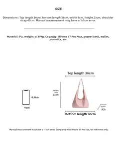Größentabelle für pinke PU Leder Hobo Tasche mit Maßen und Handy Größenvergleich
