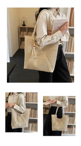 Detailed view of hollow woven texture with fringe and wooden beads on a beige tote bag