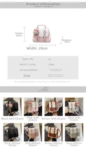 Detailed dimensions and color display of this versatile PU square bag with plush charm