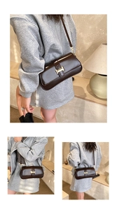 Detailed views of a dark brown leather crossbody bag with a gold H-shaped metal buckle