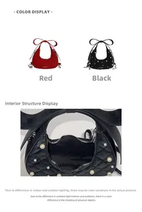 Detail view of crescent crossbody bag featuring bow shoulder strap and quilted texture