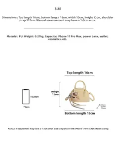 Size chart showing dimensions for mini PU bowling bag with phone comparison and capacity info