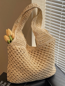Women Fashion Large Capacity Straw Tote Bag Hollow Out Woven Shoulder Bag For Seaside Holiday Casual Beach Bag