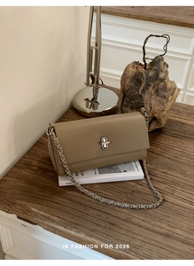 Close-up of khaki crossbody bag featuring lychee texture leather and silver twist lock