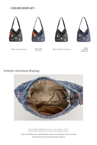 Dettaglio interno della borsa in denim con fodera in tessuto marrone e tasca con zip