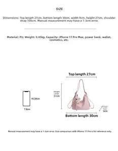 Size chart for pink PU tote bag with dimensions, weight, and capacity specifications