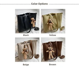 Detail view of large tote bags in black, yellow, beige and coffee with bear charms