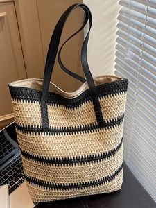 Grand Sac Fourre-tout en Paille Tissée à Rayures pour Femmes Style Urbain Décontracté Été Plage Vacances Sac à Main Avec Poignées en Cuir PU