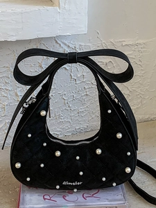 Women Fashion Bowknot Quilted Hobo Shoulder Bag PU Leather Artificial Pearl Decoration Chain Crossbody Crescent Handbag For Lady Elegant Daily Purse