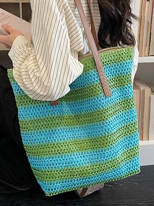 Grand sac cabas tressé à rayures vertes et bleues avec anses en cuir pour la plage ou l'été