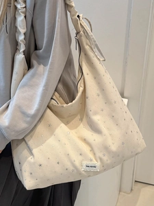 Chic canvas tote bag with silver star prints and delicate lace bow detail decoration