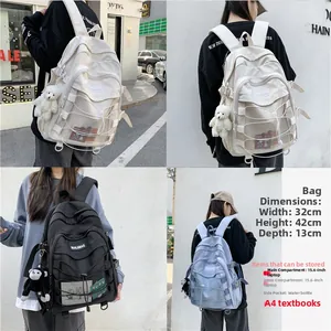 Detail view of large capacity school backpack with cross rope design and side buckles