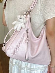 Pink large capacity faux leather shoulder bag with a cute white teddy bear plush charm