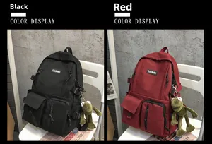 Detailed comparison of black and red Harajuku style backpacks with cute plush pendants