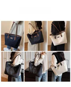 Detail shots of large contrast tote bags in navy, black and beige for daily commute