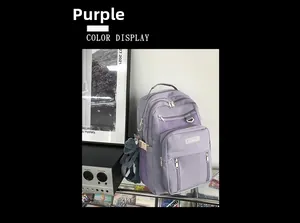 Detail view of purple nylon backpack showing multi-layer zippered pockets and side straps