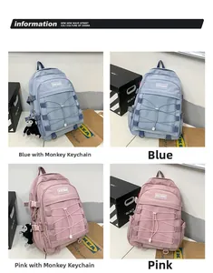 Detailed grid view of nylon backpacks in blue and pink with mesh pockets and elastic cords