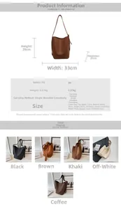 Tableau détaillé montrant les dimensions du sac seau en similicuir et ses coloris