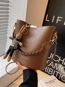 Fashion PU Leather Bucket Bag For Women With Braided Handle Wrinkled Pattern Shoulder Crossbody Handbag With Rabbit Pendant