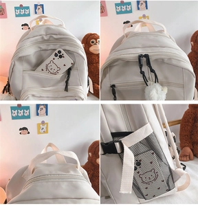 Detailed views of beige school backpack showing zipper pockets, handle, and side mesh storage