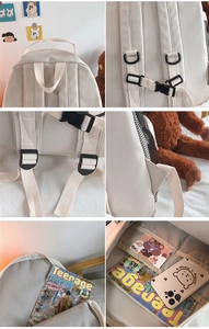 Detail view of large capacity beige backpack with side mesh pockets and adjustable straps