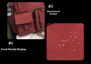 Detail of the deep red backpack showing the waterproof fabric and functional front pockets