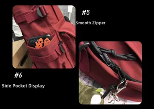 Detail of burgundy backpack showing smooth black metal zipper and elastic side pocket