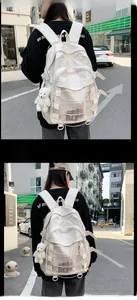 Detailed view of white nylon backpack with multiple compartments and cute bear pendant