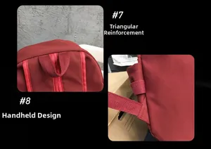 Detail view of reinforced stitching and durable handle on the red canvas backpack