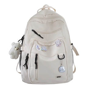 Large capacity beige school backpack for students with cute plush bear and accessories