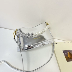 Sac Seau Argenté Miroir pour Femmes Sac à Bandoulière en Cuir Verni Poignée Chaîne Künstliche Perle Coeur Mini Sac à Main Brillant pour Fête Style Y2K