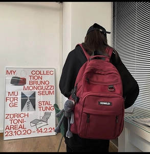 Student backpack in dark red with multi-layer zippers and a grey frog pendant accessory