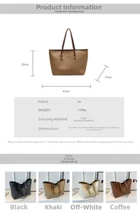 Detailed dimensions and weight chart for large capacity PU leather tote bag with four colors