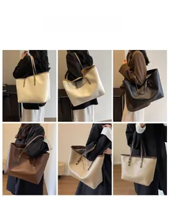 Collage showing various colors of large leather tote bags styled on models for daily use