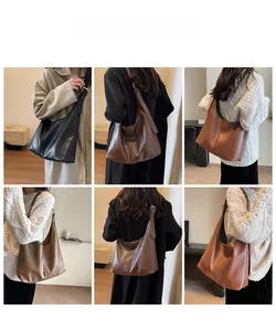 Collage of model showcasing various large capacity faux leather hobo shoulder bags in autumn colors