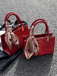 Elegant red bridal tote bags in smooth and crocodile embossed leather with silk scarves