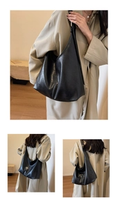 Three-way view of a large black faux leather hobo bag styled with a khaki trench coat
