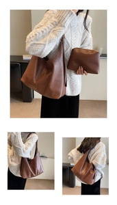 Detailed macro view of brown vintage texture leather hobo bag and matching pouch