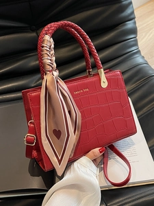 Red crocodile pattern wedding tote bag with braided handles and decorative silk scarf